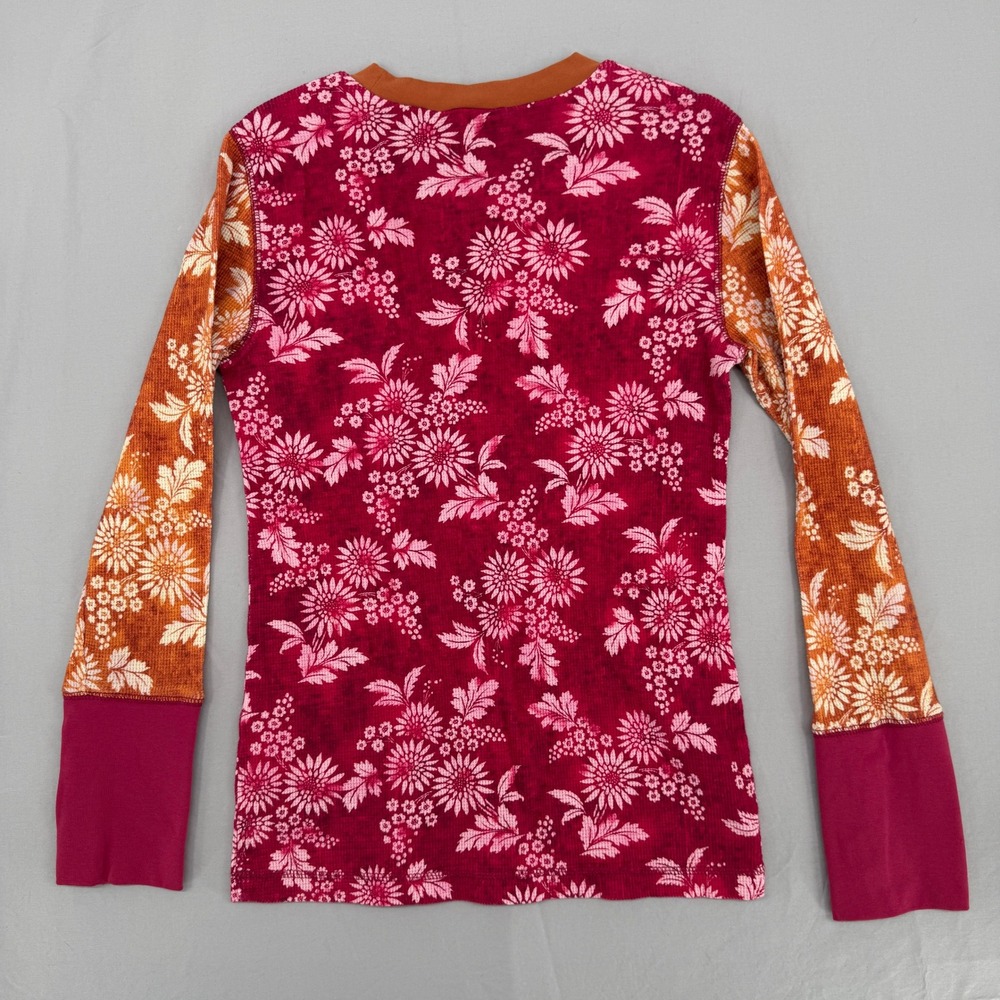 Sundance Floral Waffle Knit Thermal Top Burgundy Orange Long Sleeve Button Cuff - Picture 5 of 5